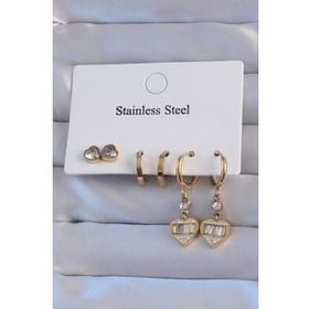Shoecide 316L Çelik Gold Renk Zirkon Taşlı Kalp Model Halka Küpe Seti