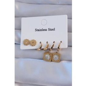 Shoecide 316L Çelik Gold Renk Zirkon Taşlı Sedefli Papatya Model Halka Küpe Seti