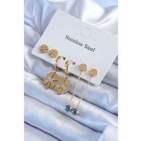 Shoecide 316L Çelik Gold Renk Zirkon Taşlı Yonca Model Kadın Küpe Seti