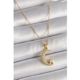 Shoecide 316L Çelik Zincir Gold Renk Zirkon Taşlı Hilal Model Yıldız Detay Kadın Kolye
