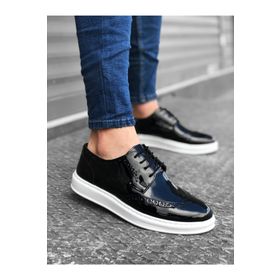 Shoecide BBO0003 Siyah - Beyaz Renk Bağcıklı Yüksek Taban Rugan Erkek Klasik Ayakkabı