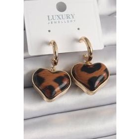Shoecide Pirinç Gold Renk 3d Kalp Leopar Desen Model Kadın Küpe
