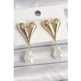 Shoecide Pirinç Gold Renk Kalp Model Sallantı İnci Damla Model Kadın Küpe