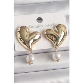 Shoecide Pirinç Gold Renk Kalp Model Sallantı İnci Detay Kadın Küpe