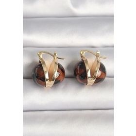 Shoecide Pirinç Gold Renk Leopar Desen 3d Daire Model Kadın Küpe