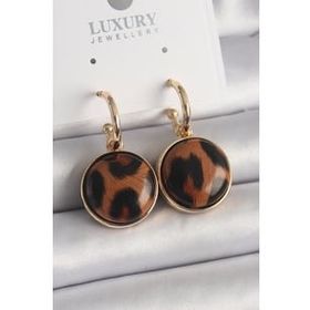 Shoecide Pirinç Gold Renk Leopar Desenli Daire Model Kadın Küpe