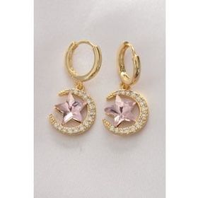 Shoecide Pirinç Gold Renk Pembe Zirkon Taşlı Yıldız Detay Ay Küpe