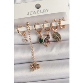 Shoecide Pirinç Gold Renk Sallantı Zirkon Taşlı Ağaç Figür Kadın Küpe Seti