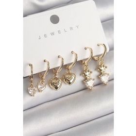 Shoecide Pirinç Gold Renk Sallantı Zirkon Taşlı Kalp Model Taç Detay Kadın Küpe Seti
