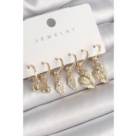 Shoecide Pirinç Gold Renk Sallantı Zirkon Taşlı Kanat Model Topçuk Detay Kadın Küpe Seti
