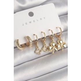 Shoecide Pirinç Gold Renk Sallantı Zirkon Taşlı Yonca Model Kadın Küpe Seti