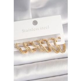 Shoecide Pirinç Gold Renk Zirkon Taşlı 3 Çift Kalp Model Kadın Küpe