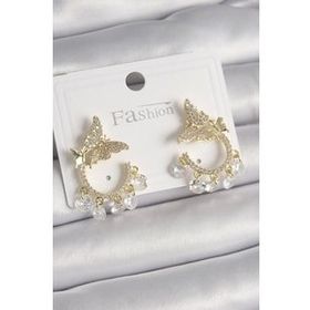 Shoecide Pirinç Gold Renk Zirkon Taşlı Sallantı Detay Kelebek Model Kadın Küpe