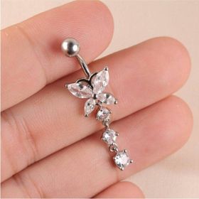 Shopiolog Cerrahi Çelik Kelebek 316 L Göbek Zirkon Taşlı Sallantılı Belly Button Model Paslanmaz Gümüş Piercing