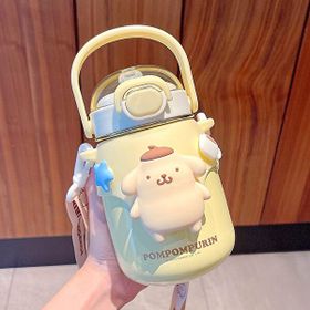 Shun Shop Kızlar Için Ayarlanabilir Kayış Kabı Büyük Kapasiteli ve Sevimli Kabına Sahip Yüksek Görünümlü Sanrio Ortak Markalı Su Bardağı 0,70 lt Sarı Termos