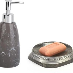 Sia Taşlı Gümüş Sıvı Sabunluk ve Sabunluk 2'li Banyo Seti
