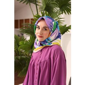Silk Home 11406-18 Mavi-Krem Yaprak Desen Tivil İpek Eşarp