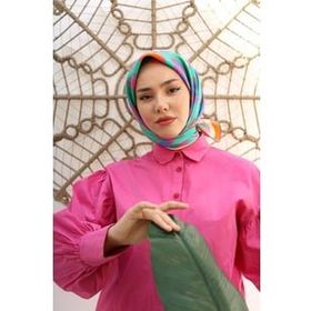 Silk Home 11407-11 Turuncu-Pembe Geometrik Yaprak Desen Tivil İpek Eşarp