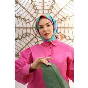 Silk Home 11407-11 Turuncu-Pembe Geometrik Yaprak Desen Tivil İpek Eşarp