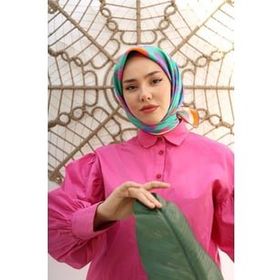 Silk Home 11407-11 Turuncu-Pembe Geometrik Yaprak Desen Tivil İpek Eşarp