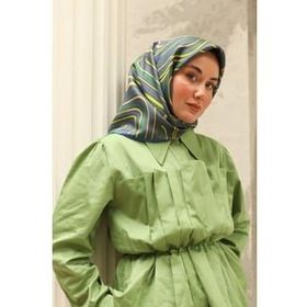 Silk Home 11413-205 Gece Mavi-Yeşil Geometrik Desenli Tivil İpek Eşarp