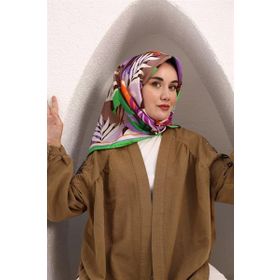 Silk Home SYR25614 Yeşil-Eflatun Yaprak Desen Tivil İpek Eşarp