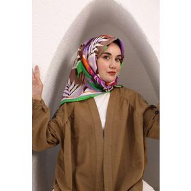 Silk Home SYR25614 Yeşil-Eflatun Yaprak Desen Tivil İpek Eşarp