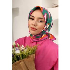 Silk Home SYR25619 Pembe-Yeşil Geometrik Yaprak Desen Tivil İpek Eşarp