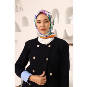 Silk Home SYR25637 Saks Mavisi-Turuncu Geometrik Yaprak Desen Tivil İpek Eşarp