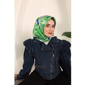 Silk Home SYR25637 Saks Mavisi-Turuncu Geometrik Yaprak Desen Tivil İpek Eşarp