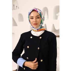 Silk Home SYR25637 Saks Mavisi-Turuncu Geometrik Yaprak Desen Tivil İpek Eşarp