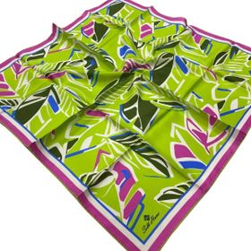 Silk Home SYR26603 Fıstık Yeşili-Pembe Geometrik Yaprak Desen Tivil İpek Eşarp