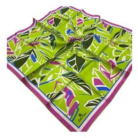 Silk Home SYR26603 Fıstık Yeşili-Pembe Geometrik Yaprak Desen Tivil İpek Eşarp