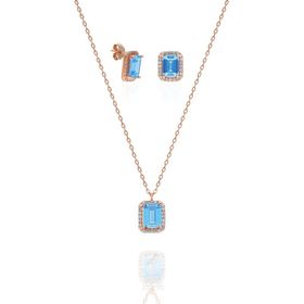 Şimal Silver 925 Ayar Gümüş Aquamarin Taşlı Tektaş Küpe ve Kolye Set
