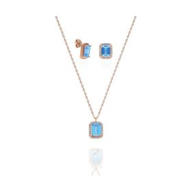 Şimal Silver 925 Ayar Gümüş Aquamarin Taşlı Tektaş Küpe ve Kolye Set
