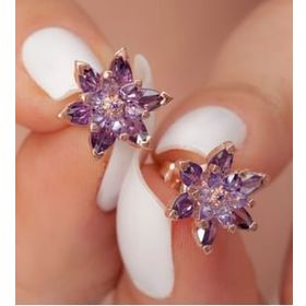 Şimal Silver 925 Ayar Gümüş Rose Kaplama Mor Renkli Lotus Çiçeği Küpe