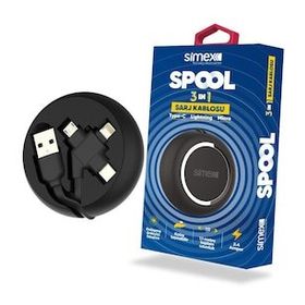 Simex Universal Micro / Type C / Lightning Spk-07 Spool 3in1 Makarali Siyah Data Kablosu