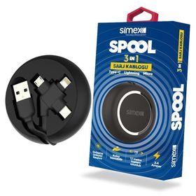 Simex Universal Micro / Type C / Lightning Spk-07 Spool 3in1 Makarali Siyah Data Kablosu