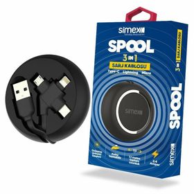 Simex Universal Micro / Type C / Lightning Spk-07 Spool 3in1 Makarali Siyah Data Kablosu