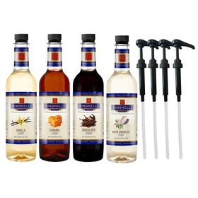 Simonelli 4x700 ml Karamel + Vanilya + Çikolata + Beyaz Çikolata Kahve ve Kokteyl Şurubu + 4 Adet Pompa