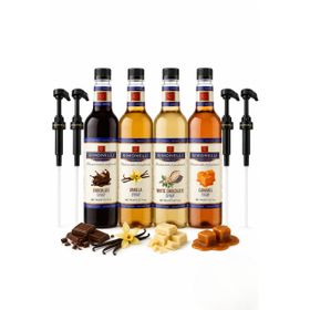 Simonelli 4x700 ml Karamel + Vanilya + Çikolata + Beyaz Çikolata Kahve ve Kokteyl Şurubu + 4 Adet Pompa
