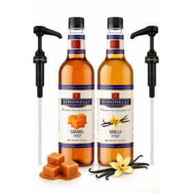 Simonelli 70 cl Karamel Aromalı + 70 cl Vanilya Aromalı Kahve Şurubu + 2 Adet Pompa
