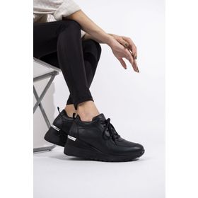 Siyah Dolgu Topuklu Sneaker Pily Bağcıklı Spor Ayakkabı