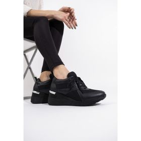 Siyah Dolgu Topuklu Sneaker Pily Bağcıklı Spor Ayakkabı