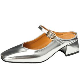 SJJH Mary Jane Slip-On Kare Burunlu Gümüş Kadın Sandalet