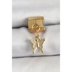 Skygo 316L Çelik Sallantılı Zirkon Taşlı Kelebek Model Gold Renk Nomination Charm