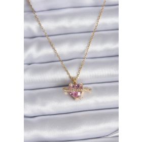Skygo TJ-BKO7747 316L Çelik Gold Renk Zincir Pembe Kristal Kalp Model Zirkon Taş Detay Kadın Kolye