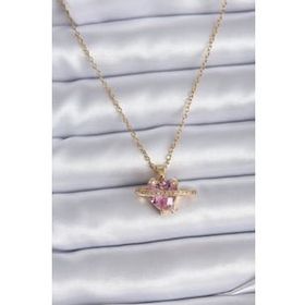 Skygo TJ-BKO7747 316L Çelik Gold Renk Zincir Pembe Kristal Kalp Model Zirkon Taş Detay Kadın Kolye