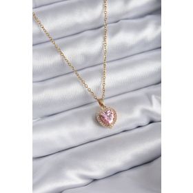 Skygo TJ-BKO7851 316L Çelik Zincir Gold Renk Pembe Zirkon Taş Kalp Model Charm Kadın Kolye