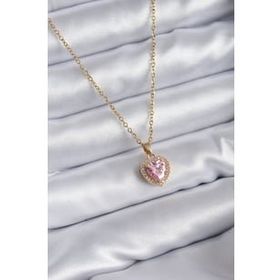 Skygo TJ-BKO7851 316L Çelik Zincir Gold Renk Pembe Zirkon Taş Kalp Model Charm Kadın Kolye